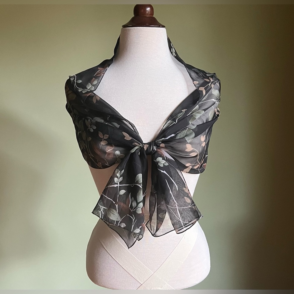 Dark Forest Scarf, Vintage Oblong Sheer Scarf with Leaves, Dark Botanical Print